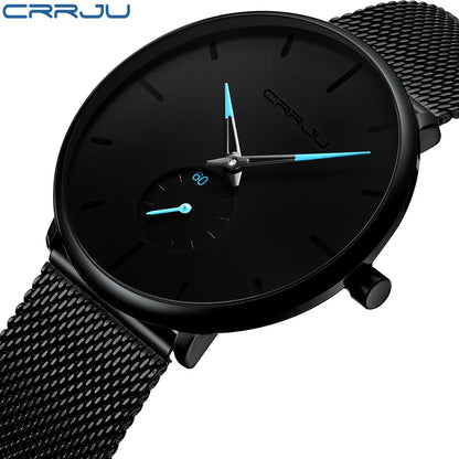 Relógio para homem CRRJU – Relógio de quartzo de luxo, estilo descontraído, fino, com bracelete em malha de aço, estanque e desportivo.