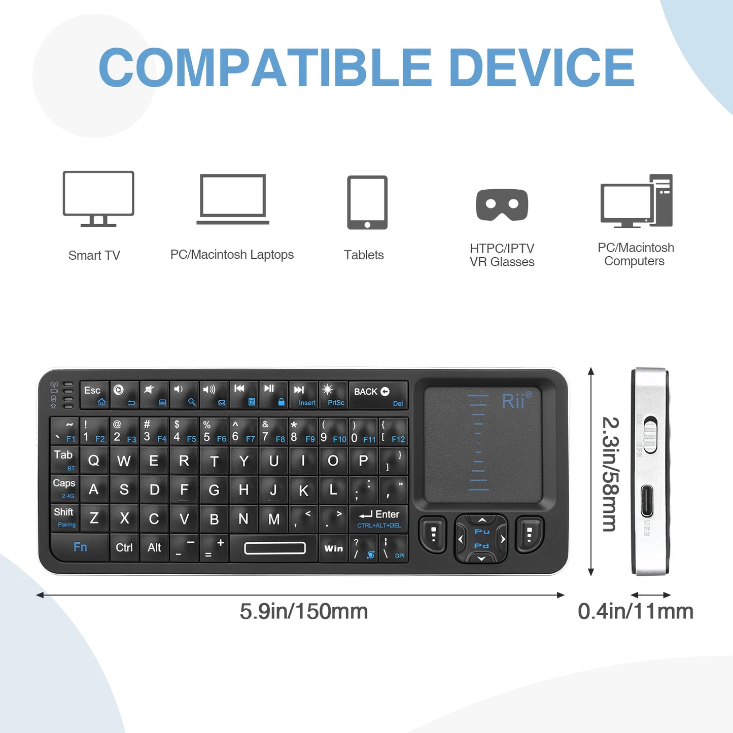 Rii Mini Wireless English Keyboard with TouchPad for Android TV Box/Mini PC/Laptop Mac, Laptop, Windows, Tablet