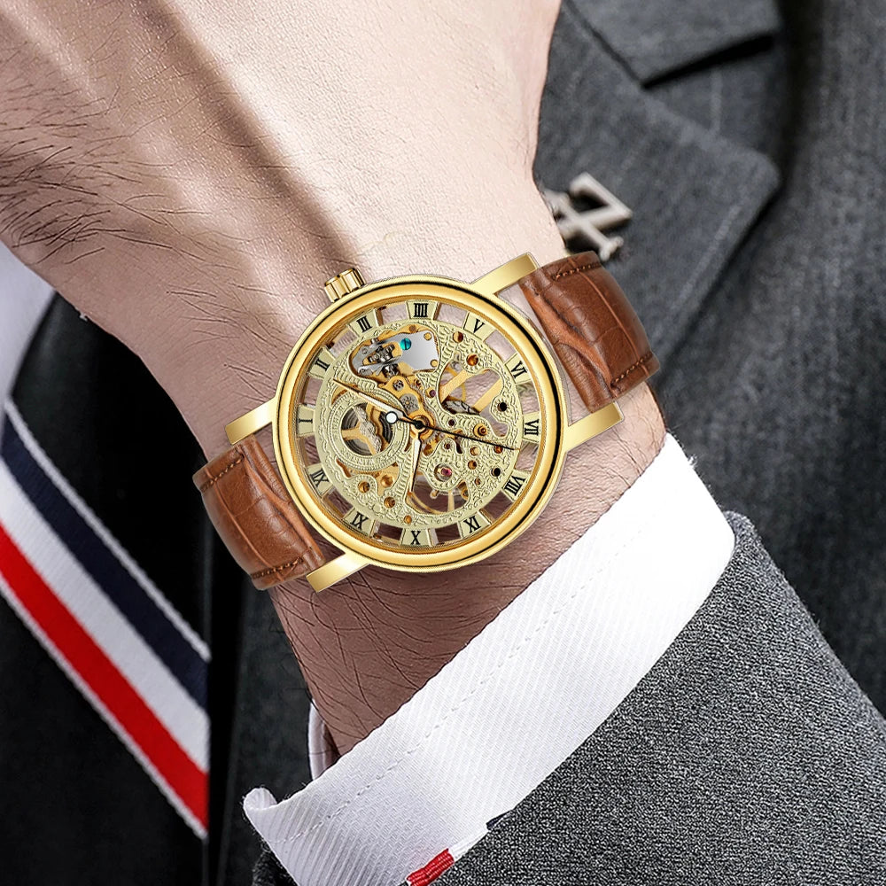 T-Winner Popular Lovers Skeleton Design Gold Watches Mechanical Hand Wind Movement PU Leather Strap Wristwatch for Men Women