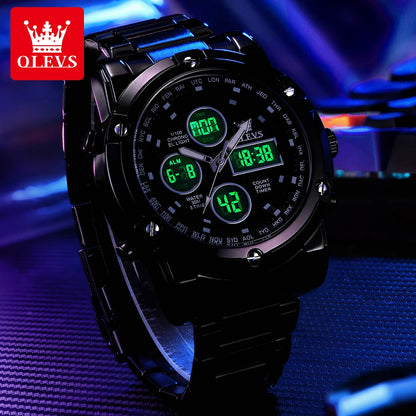 Orologio da uomo OLEVS – Orologio da polso al quarzo, impermeabile, in acciaio inossidabile, con display a LED – Stile sportivo e di tendenza (modello 1106)