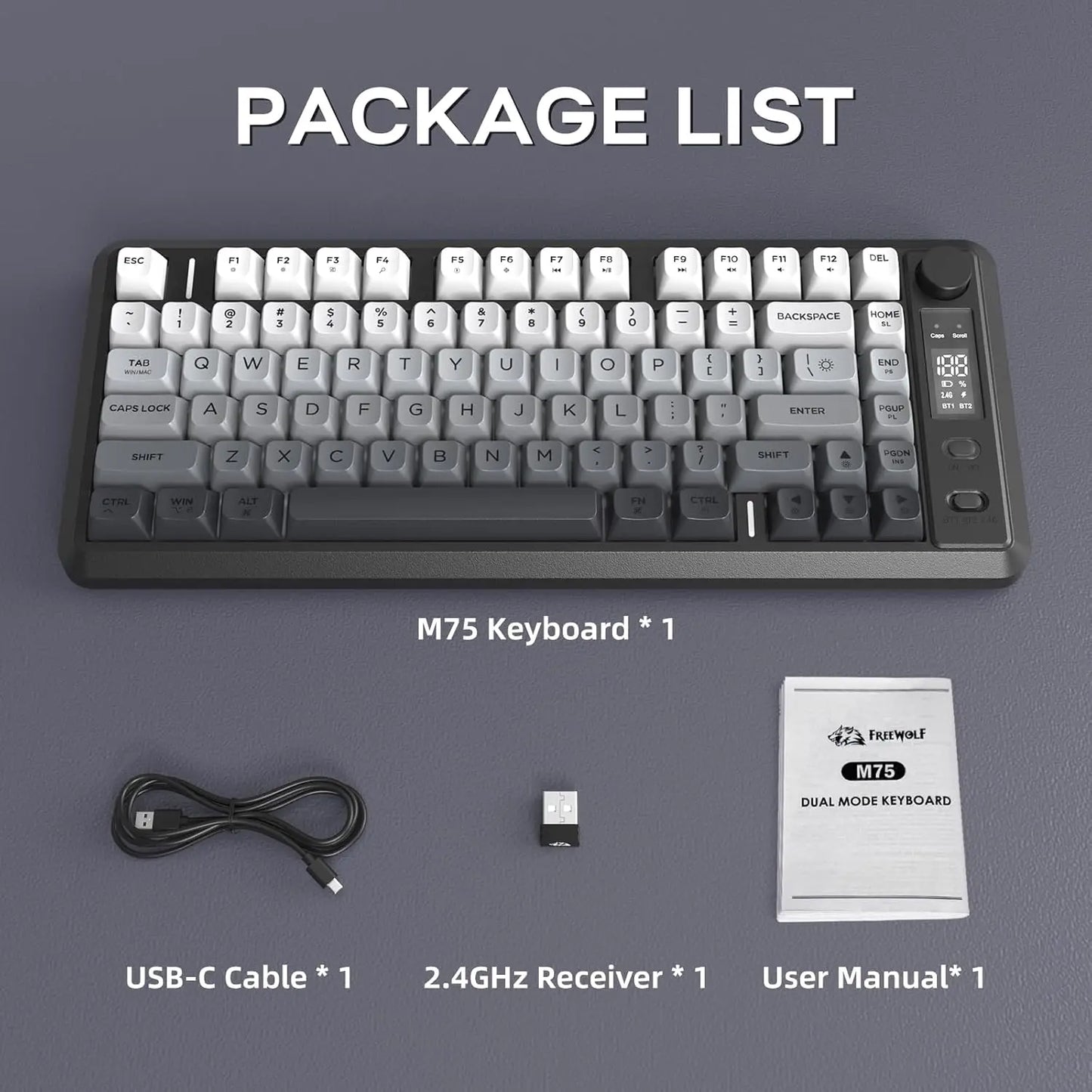 ATTACK SHARK M75 Wireless Membrane Gaming Keyboard with Knob&OLED Display Bluetooth/2.4Ghz Rainbow Backlit Gradient PBT Keycaps