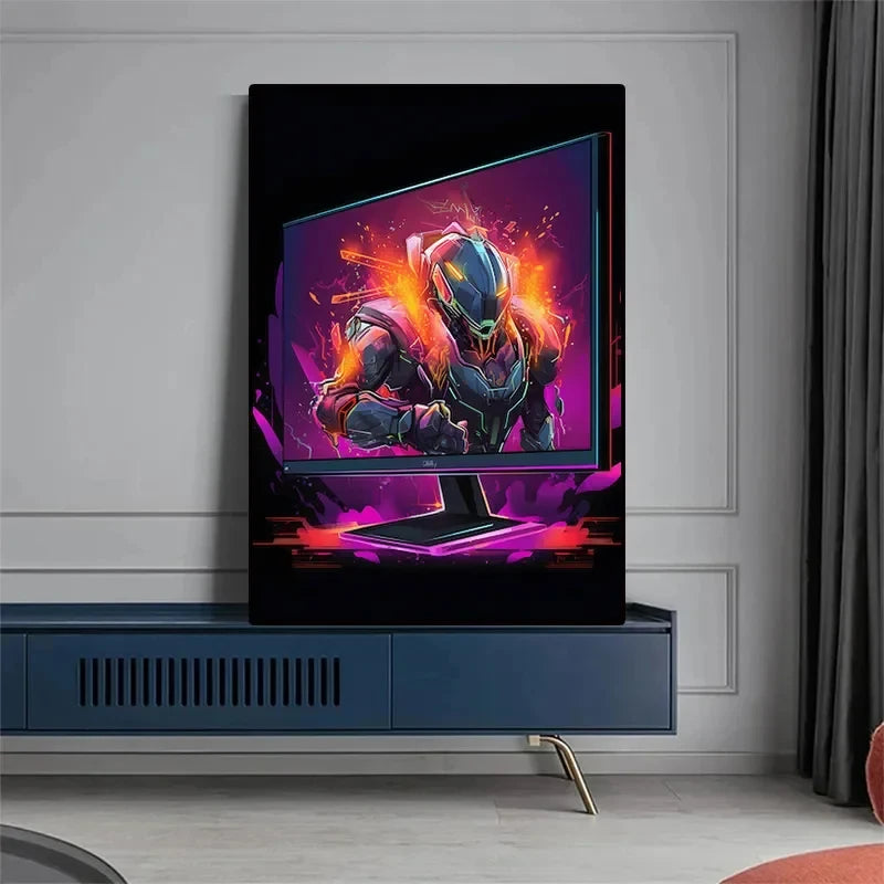 Pop Neon Video Game Character Poster Gamepad Headphones Football Basketball Canvas Print Wall Art Decor Gaming Room Decoration