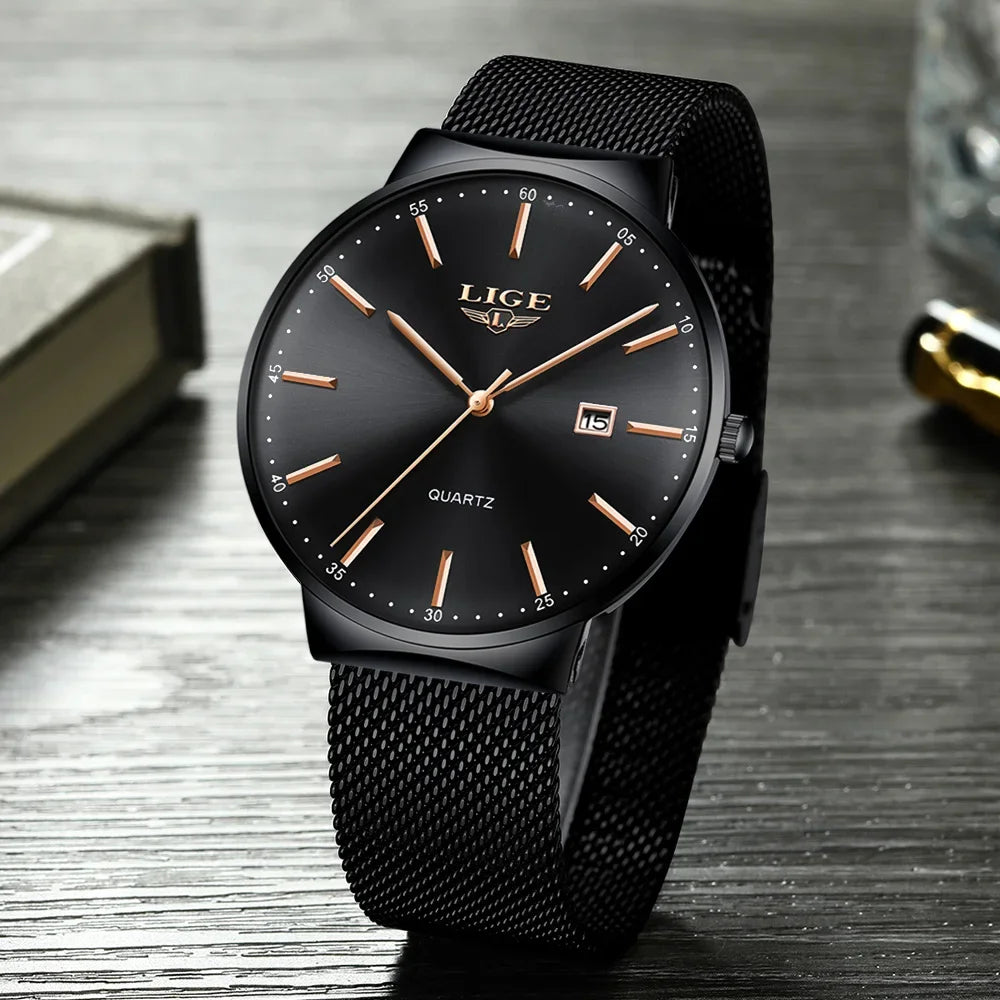 Orologio da uomo LIGE, modello elegante e lussuoso, ultrasottile, impermeabile, con bracciale a maglia, movimento al quarzo, datario e calendario – ideale per uno stile professionale.