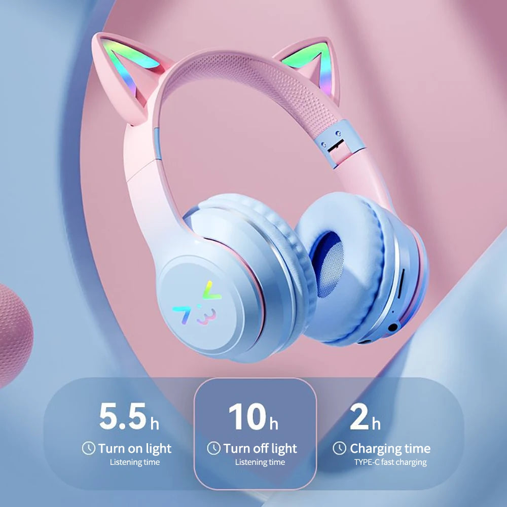 Gradient wireless RB cute cat ears Bluetooth headphones with microphone stereo music games headphones girls children gift