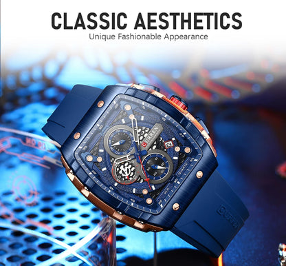 CURREN Tonneau Dial Sport Watch for Men Fashion Waterproof Quartz Wristwatch with Auto Date Yellow Silicone Strap Luminous