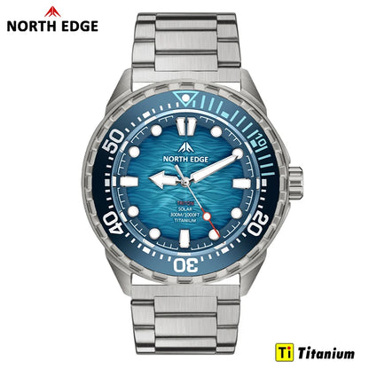NORTH EDGE NEW+ TRITON-TI Titanium Solar-Powered Diving Watch Luxury Quartz Watches for Men 300M Waterproof 180+ Day Power