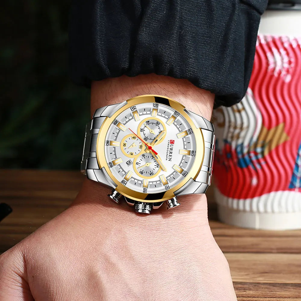 Orologio cronografo da uomo CURREN, quadrante grande da 48 mm, bracciale in acciaio inossidabile, tre contatori, orologio da polso sportivo al quarzo, stile lussuoso