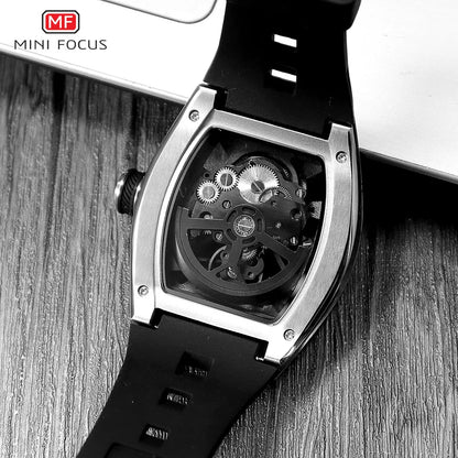Reloj de pulsera MINI FOCUS para hombre, negro, a la moda, resistente al agua, mecánico automático, con manecillas luminosas, correa de silicona y esfera tonneau