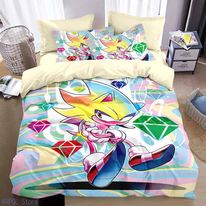 Cartoon Kids Sonics Duvet Cover Cool Anime Bedding Set Comforter Cover with Pillowcase Queen King Bedroom Children Teens