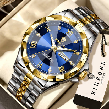 Orologio al quarzo da uomo BINBOND – Orologio da polso di lusso, luminescente e impermeabile, con indicazione del giorno della settimana e data automatica.