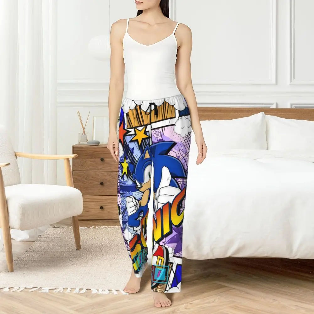 Custom Printed Womens Soniced Pajama Pants Hedgehog Game Sleepwear Sleep Lounge Bottoms with Pockets