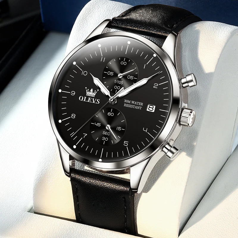 Orologio da uomo OLEVS 2880 – Cronografo elegante e dalle linee essenziali, cinturino in pelle, datario automatico, impermeabile, lancette luminescenti, movimento al quarzo.