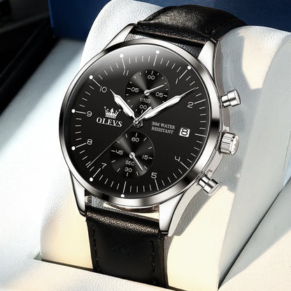 Orologio da uomo OLEVS 2880 – Cronografo elegante e dalle linee essenziali, cinturino in pelle, datario automatico, impermeabile, lancette luminescenti, movimento al quarzo.