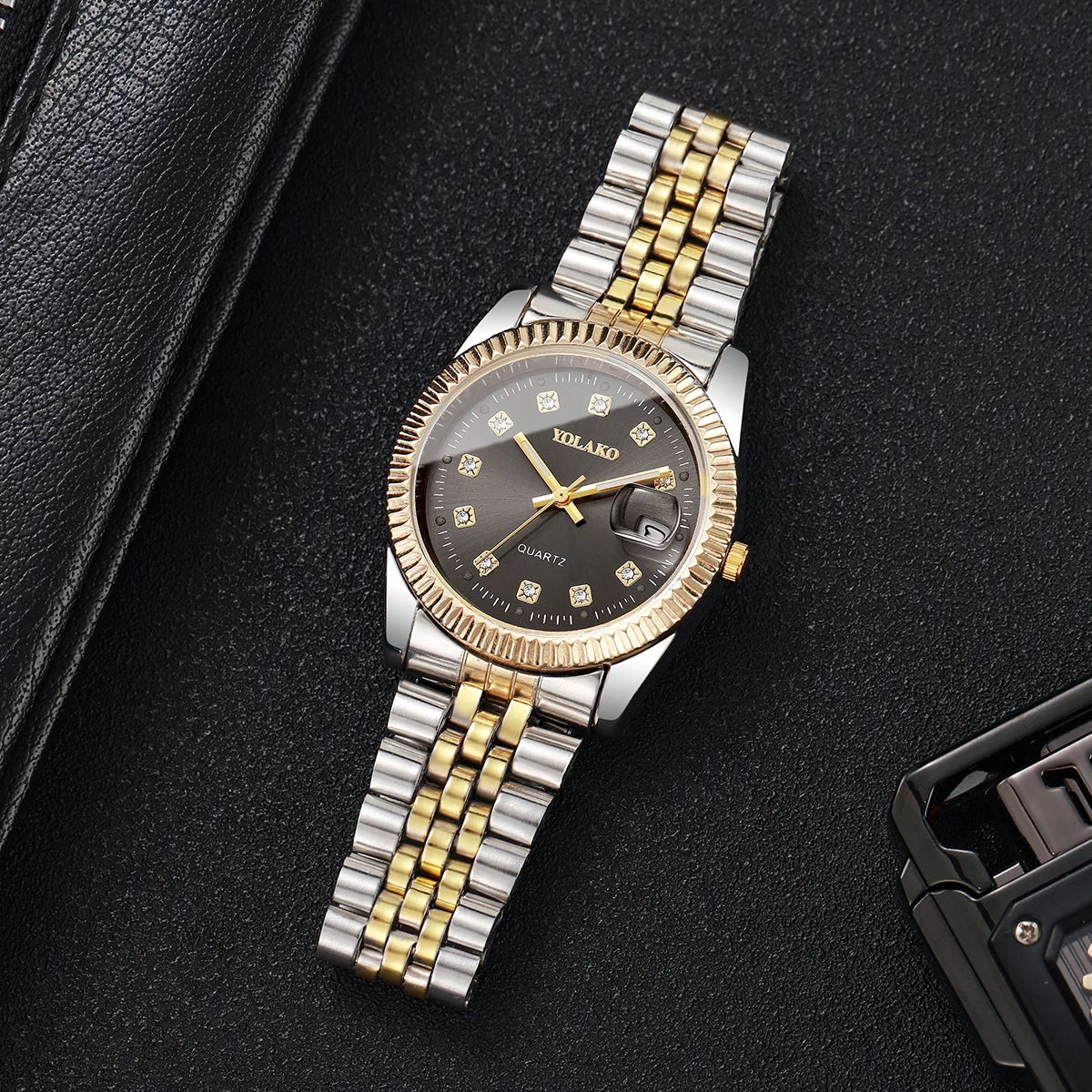 Montre-bracelet de luxe pour homme à quartz avec calendrier, tendance, strass, en acier, montre d'affaires pour homme, Reloj Hombre, cadeau (sans boîte)