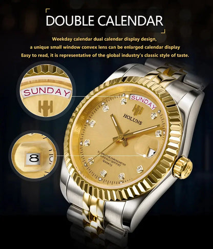 Relojes de hombre Holuns Luxury Classic de 36/41 mm en oro, con movimiento de cuarzo MIYOTA de Japón, de acero inoxidable, reloj de pulsera clásico de negocios, resistente al agua