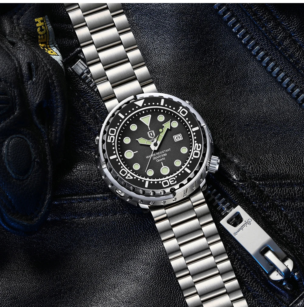 Montres pour homme QINGXIYA : montres de luxe à quartz pour homme, tendance, étanches, luminescentes, avec date et cadran rotatif, en acier inoxydable