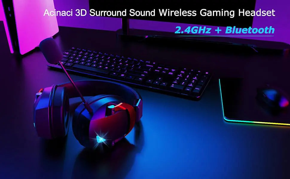 Wireless Gaming Headset with Detachable Noise Cancelling Microphone,2.4G Bluetooth-USB-3.5mm Wired Jack 3 Modes for Multi-device