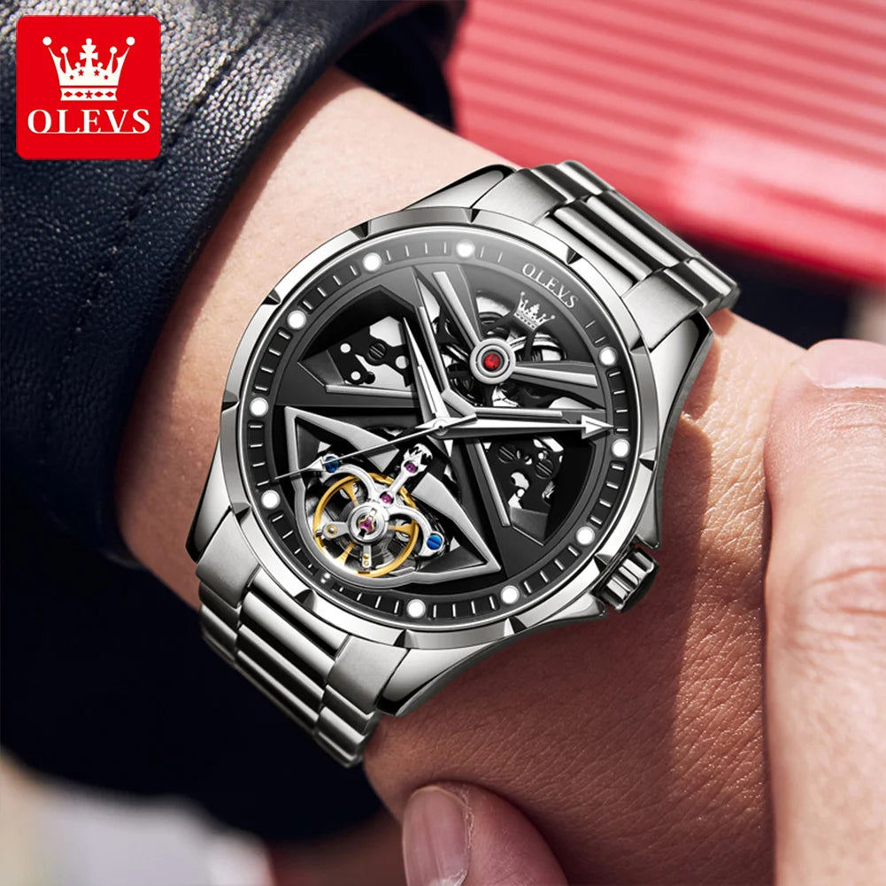 Orologio da uomo OLEVS 6655, modello scheletrato completamente automatico; orologio da polso meccanico di lusso, luminescente e impermeabile.