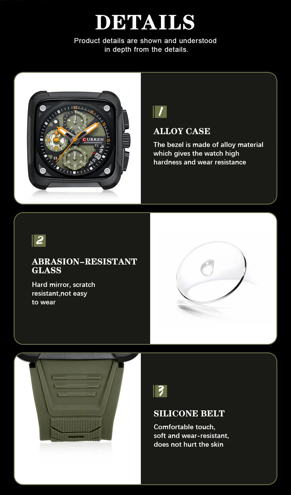 Montres pour homme CURREN : montre-bracelet de luxe à quartz, carrée, originale, étanche et luminescente, chronographe pour homme, Relogio