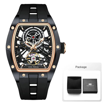 Reloj de pulsera MINI FOCUS para hombre, negro, a la moda, resistente al agua, mecánico automático, con manecillas luminosas, correa de silicona y esfera tonneau