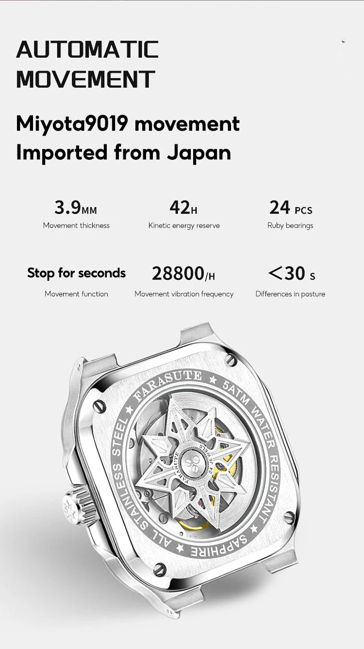 Montre de luxe automatique pour homme FARASUTE, mouvement Miyota9019, ultra-fine (8,9 mm), luminescente, étanche à 5 ATM