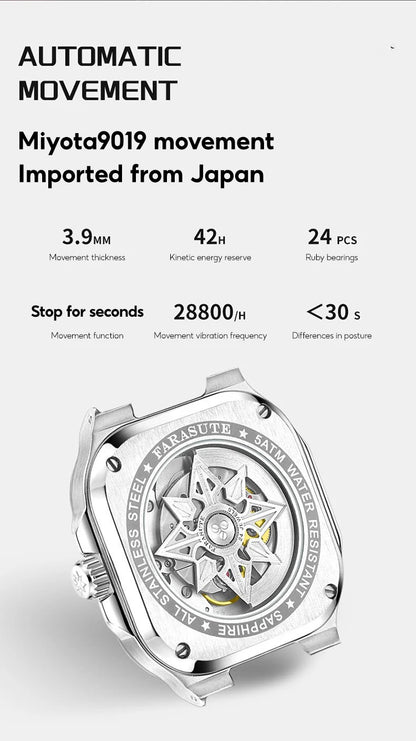 Montre de luxe automatique pour homme FARASUTE, mouvement Miyota9019, ultra-fine (8,9 mm), luminescente, étanche à 5 ATM
