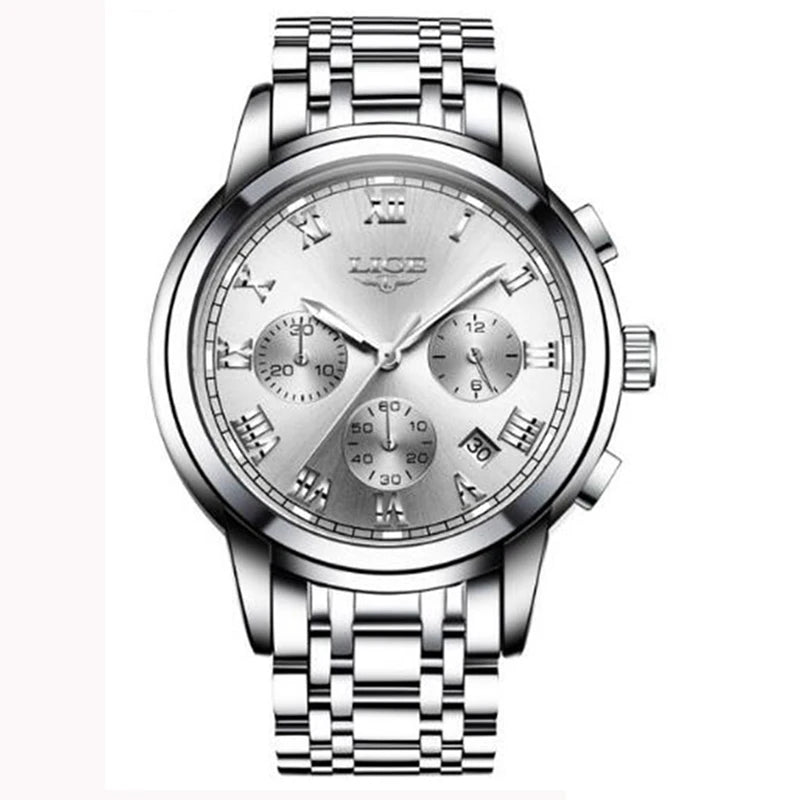 Orologio da uomo LIGE – Cronografo di lusso, stile sportivo casual, impermeabile, interamente in acciaio, movimento al quarzo