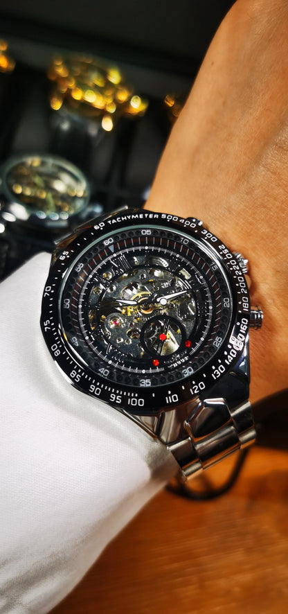 Automatikuhr für Herren WINNER – Transparentes Skelettmodell, leuchtende Zeiger, Edelstahlarmband, mechanische Uhr einer Luxusmarke