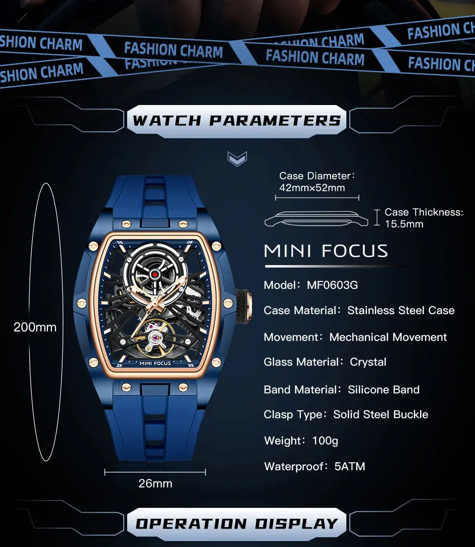 Reloj de pulsera MINI FOCUS para hombre, negro, a la moda, resistente al agua, mecánico automático, con manecillas luminosas, correa de silicona y esfera tonneau