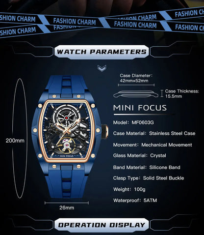 Reloj de pulsera MINI FOCUS para hombre, negro, a la moda, resistente al agua, mecánico automático, con manecillas luminosas, correa de silicona y esfera tonneau