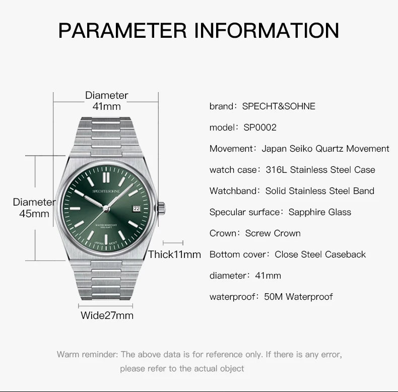 2025 New Arrivals Specht&Sohne Mens Watches Stainless Steel Sapphire Classic Quartz Men Watch Relogio Masculino 100M Waterproof