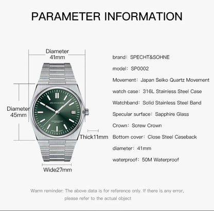 2025 New Arrivals Specht&Sohne Mens Watches Stainless Steel Sapphire Classic Quartz Men Watch Relogio Masculino 100M Waterproof