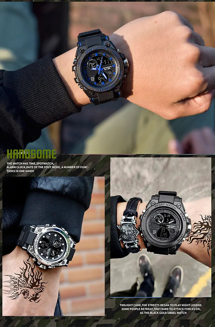 SANDA Montres de luxe haut de gamme pour homme, montre militaire, montre-bracelet sportive étanche, montre à double affichage, Relogio Masculino