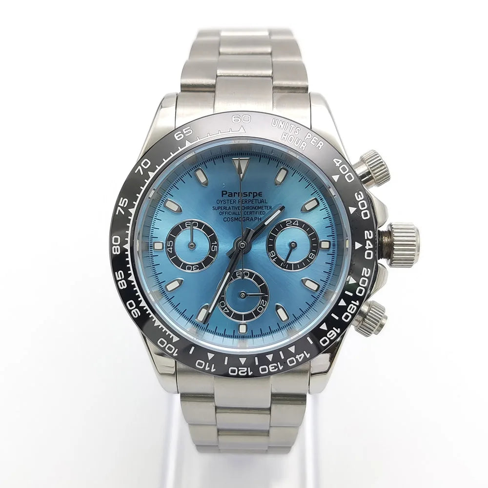 Zegarek kwarcowy dla mężczyzn 39 mm – luksusowy chronograf, modny, z szafirowym szkiełkiem, stylowy, sportowy, z bransoletą ze stali nierdzewnej