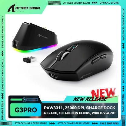 ATTACK SHARK G3PRO Tri-mode Wireless Gaming Mouse with Charge Dock 25000 DPI Ultra Lightweight, PAW3311 Sensor