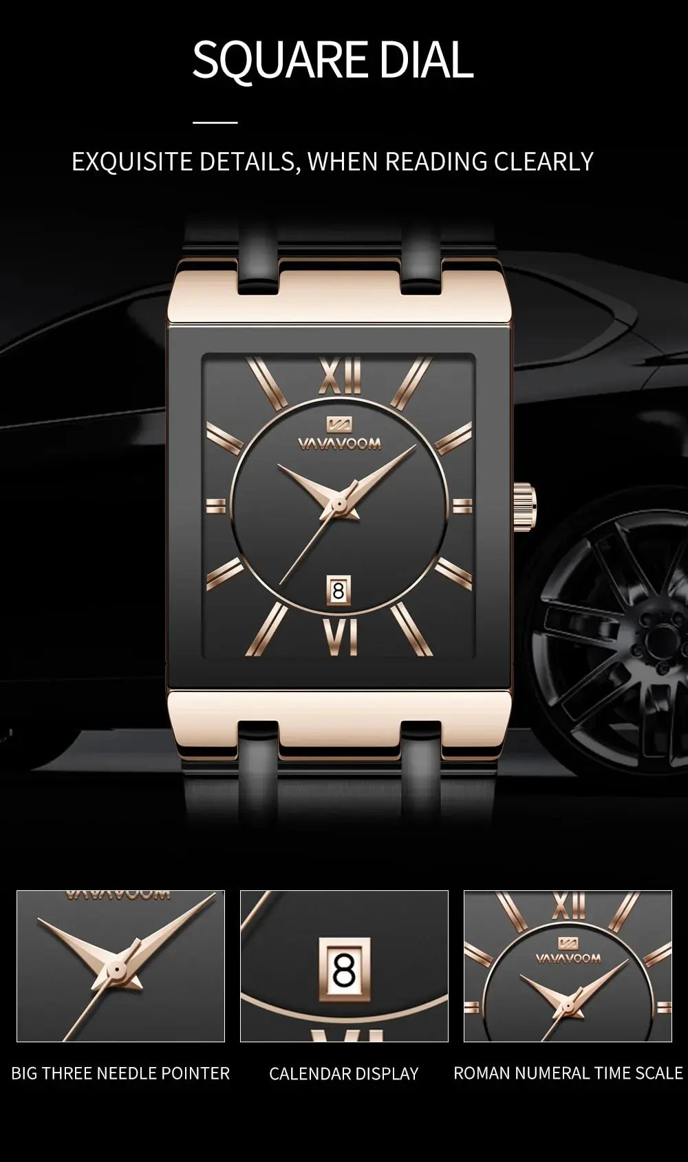 Herenzakelijk horloge, eenvoudig ontwerp, luxe mode, rechthoekig, zwart-goud, roestvrij staal, kalender, waterdicht, quartz, herenhorloges