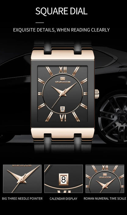 Herenzakelijk horloge, eenvoudig ontwerp, luxe mode, rechthoekig, zwart-goud, roestvrij staal, kalender, waterdicht, quartz, herenhorloges
