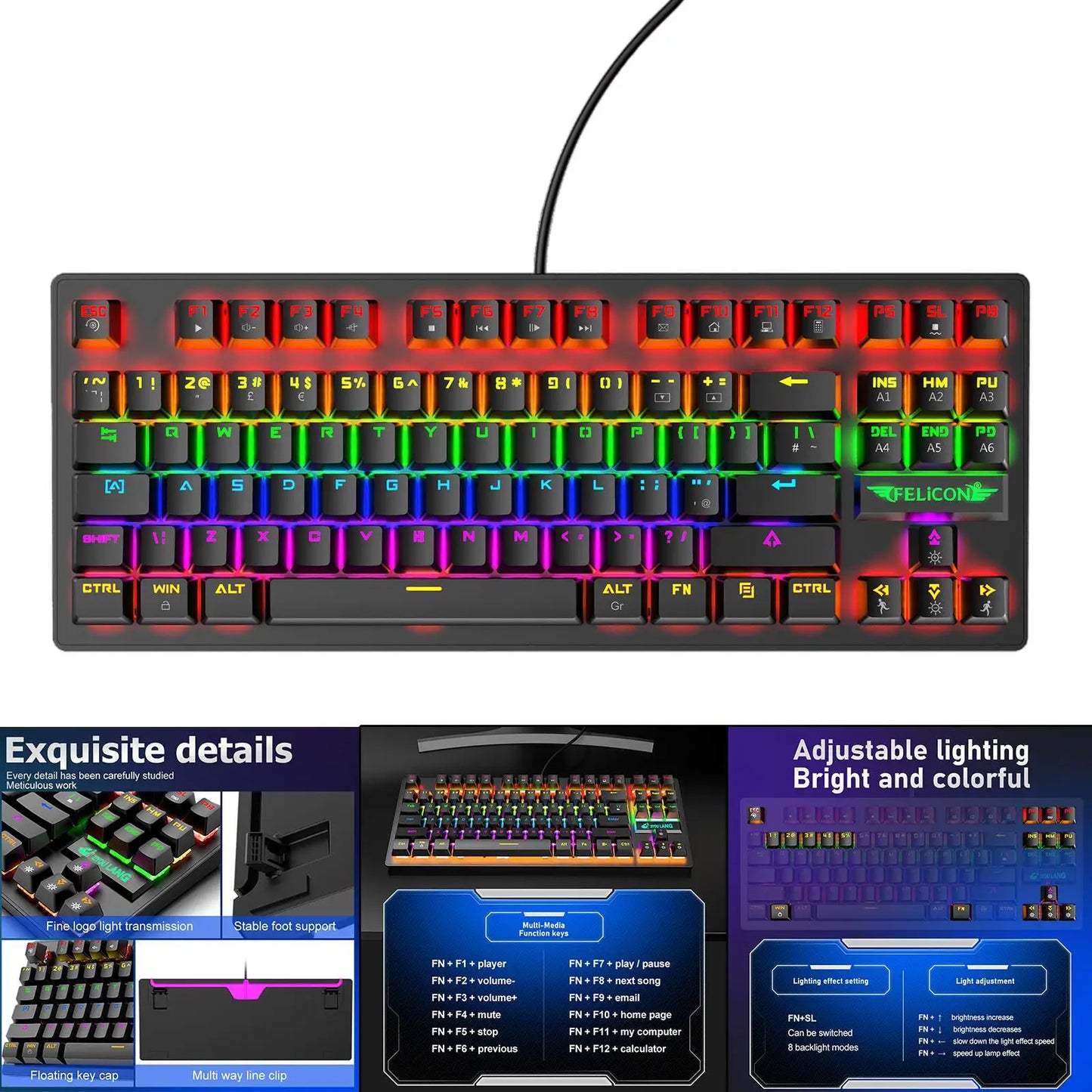 USB Mechanical Gaming Keyboard, Anti-ghosting Detachable Panel, Rainbow Backlit, Gamer for Gaming Computer Desktop PC Compact