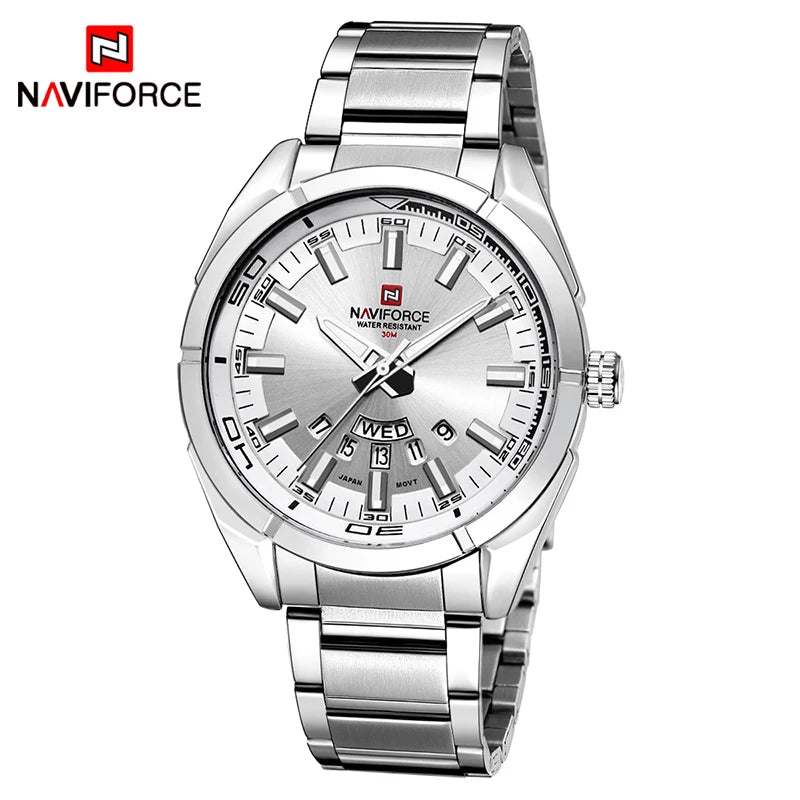 Orologio da uomo NAVIFORCE, interamente in acciaio, impermeabile, stile casual, movimento al quarzo con datario – Orologio da polso di lusso da uomo, di un marchio di primo piano.