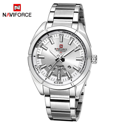 Orologio da uomo NAVIFORCE, interamente in acciaio, impermeabile, stile casual, movimento al quarzo con datario – Orologio da polso di lusso da uomo, di un marchio di primo piano.