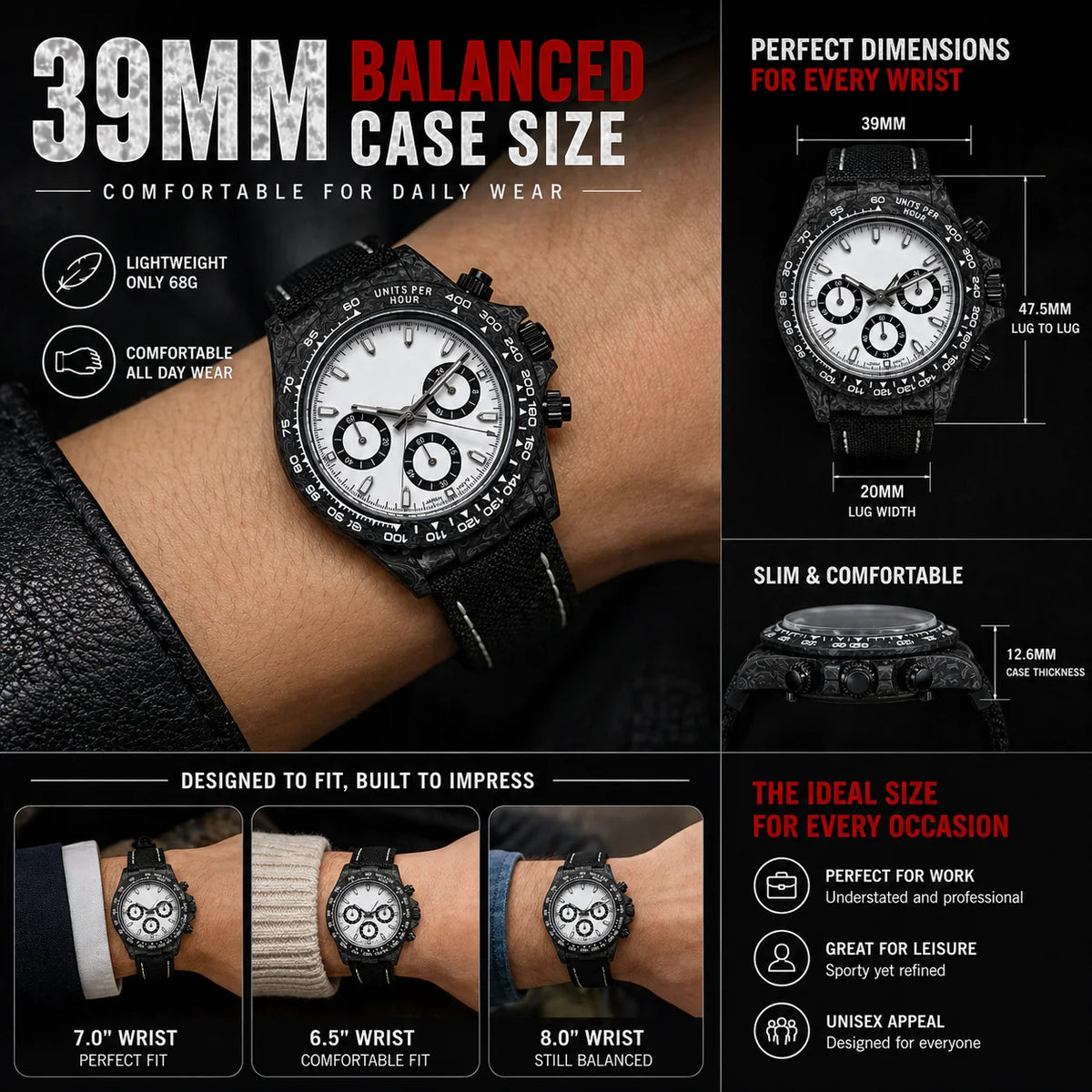 Montre chronographe « Panda » en fibre de carbone de 39 mm, VK63, quartz, verre saphir, logo personnalisé, pour homme, sportive