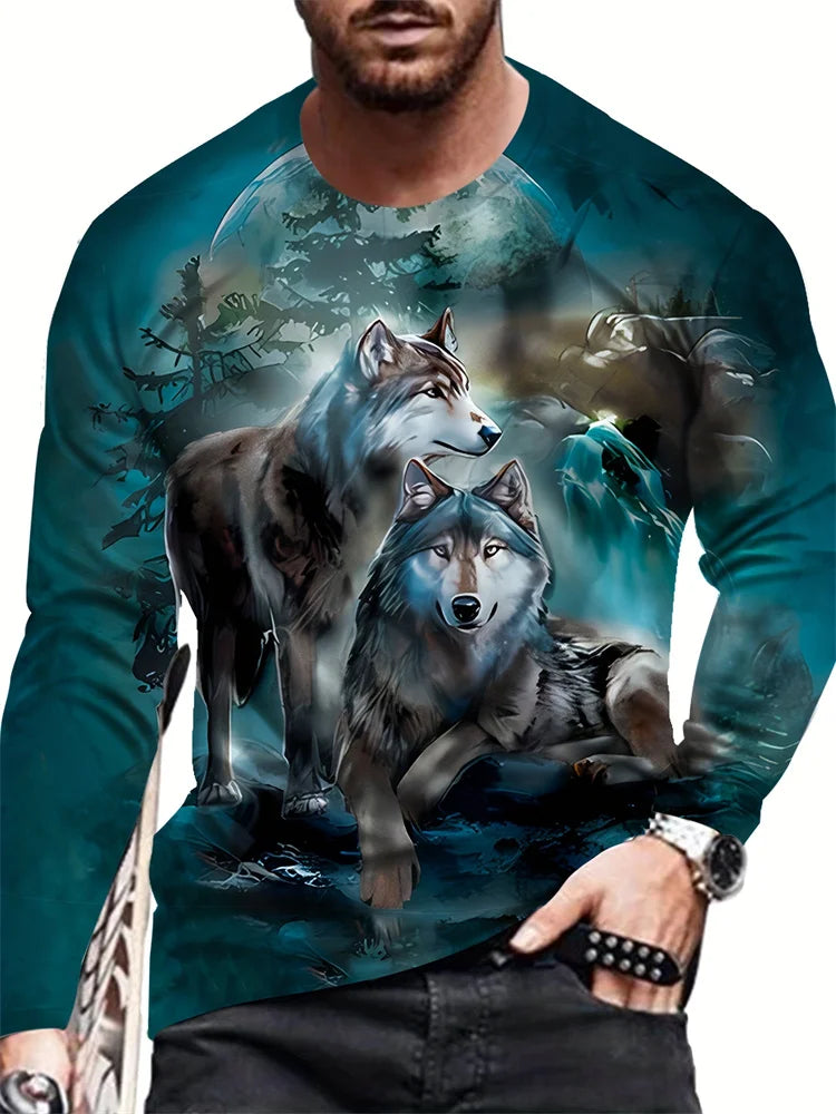 2024 New Wolf Print Men's Long Sleeve T-shirt Spring and Autumn Daily Casual Street Fashion Men's Long Sleeve T-shirt