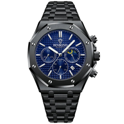 Montre-bracelet à quartz BINBOND pour homme, chronographe de luxe luminescent, en acier inoxydable, étanche, avec date et calendrier