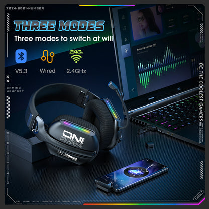 Onikuma Gt808 Three Modes with Mic E-Sports Wireless Gaming Headset Rgb Lighting Supports Bluetooth 5.3 / 2.4g / Aux 3.5mm