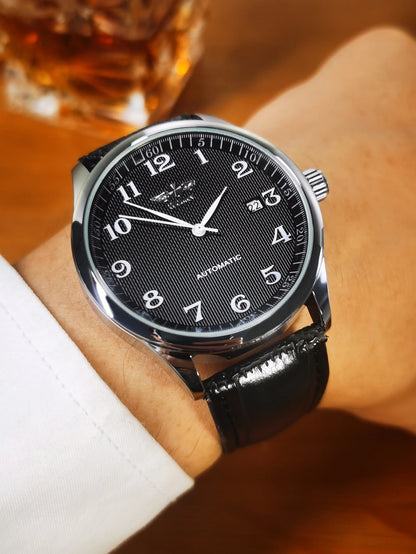 Orologio da uomo WINNER – Stile classico, retrò ed elegante – Orologio meccanico a carica automatica con calendario – Marchio di lusso, cassa in acciaio e cinturino in pelle