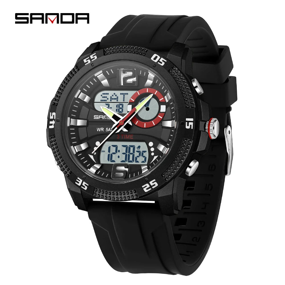 Montres de luxe pour homme SANDA Fashion : montre-bracelet à quartz analogique et numérique, style sportif, décontractée, étanche, avec chronographe en silice