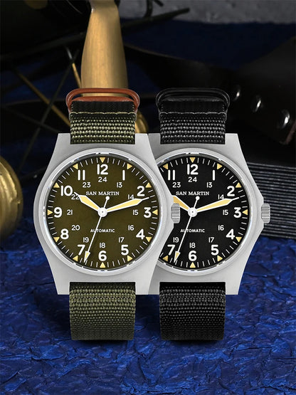 San Martin Pilot Watch 38mm NH35 Retro Military Automatic Mechanical Wristwatch Bead Blasted Case Waterproof 100m SN0137