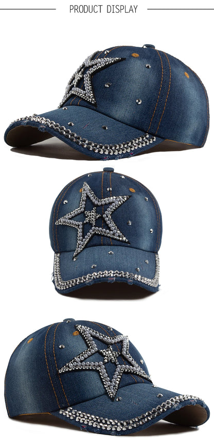 Y2K Pentagram Denim Cloth Baseball Cap Women Fashion Vintage Snapback Men Female Hip hop Shiny Rhinestone Hat For Spring Autumn