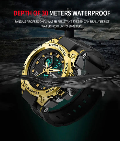 SANDA Montres de luxe haut de gamme pour homme, montre militaire, montre-bracelet sportive étanche, montre à double affichage, Relogio Masculino
