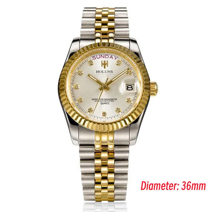 Relojes de hombre Holuns Luxury Classic de 36/41 mm en oro, con movimiento de cuarzo MIYOTA de Japón, de acero inoxidable, reloj de pulsera clásico de negocios, resistente al agua